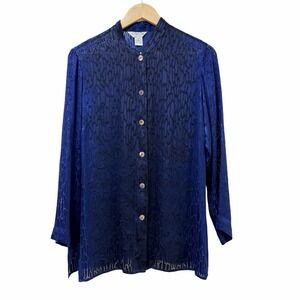 Citron Santa Monica Womens Silk Blend Velvet Burnout Button Up Top Size MP Sheer